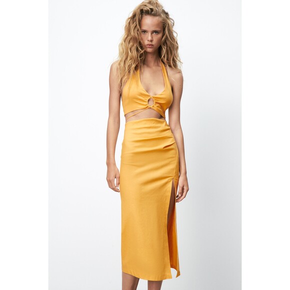 Yellow Zara Linen Blend Ruched Midi Skirt (NWT) - Picture 2 of 7